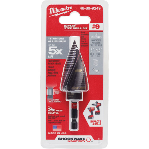 #9 Shockwave Impact Duty Step Drill Bit, 7/8" - 1-1/8" , 1/4" Increments, Titanium Helyx Safety & Industrial Supplies