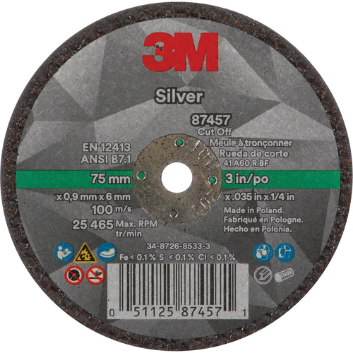 Meule &agrave; tronçonner Silver, 3" x 0,04", Arbre de 1/4"-28, Type 1, C&eacute;ramique, 25645 Tr/min Helyx Safety & Industrial Supplies