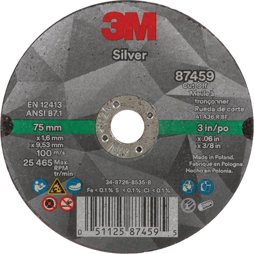 Meule &agrave; tronçonner Silver, 3" x 0,06", Arbre de 3/8"-24, Type 1, C&eacute;ramique, 25645 Tr/min Helyx Safety & Industrial Supplies