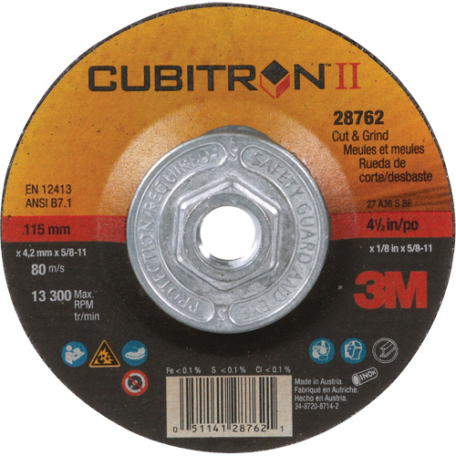 Disque de coupe et de meulage &agrave; changement rapide Cubitron II, 4-1/2" x 1/8", Arbre de 5/8"-11, Type 27, C&eacute;ramique Helyx Safety & Industrial Supplies