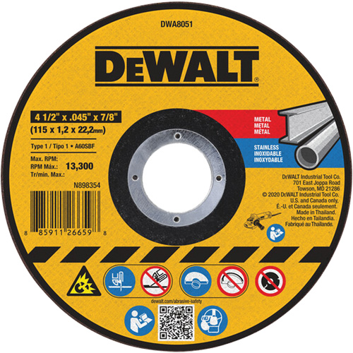 Metal Cut-Off Wheel, 4-1/2" x 0.045", 7/8" Arbor, Aluminum Oxide, Type 1 Helyx Safety & Industrial Supplies