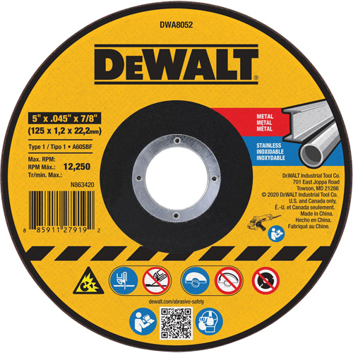 Metal Cut-Off Wheel, 5" x 0.045", 7/8" Arbor, Aluminum Oxide, Type 1 Helyx Safety & Industrial Supplies