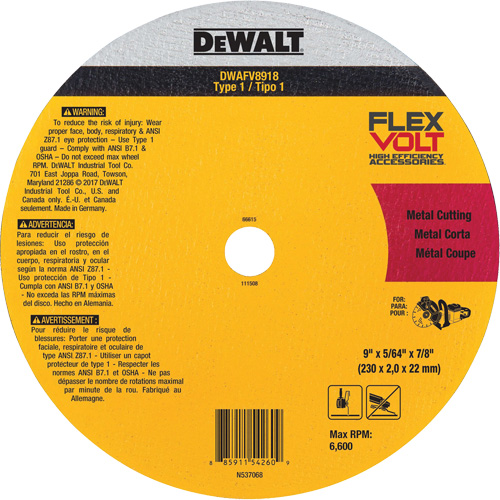 FlexVolt&reg; Metal Cut-Off Wheel, 9-1/16" x 0.078", 22.23 mm Arbor, Ceramic, Type 1 Helyx Safety & Industrial Supplies