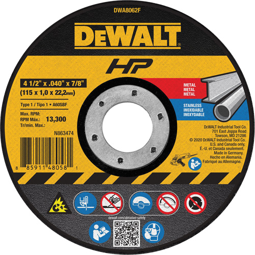 Meule de tronçonnage des m&eacute;taux HP, 4-1/2" x 0,04", Arbre de 7/8", Type 1, Oxyde d'aluminium, 13 300 Tr/min Helyx Safety & Industrial Supplies