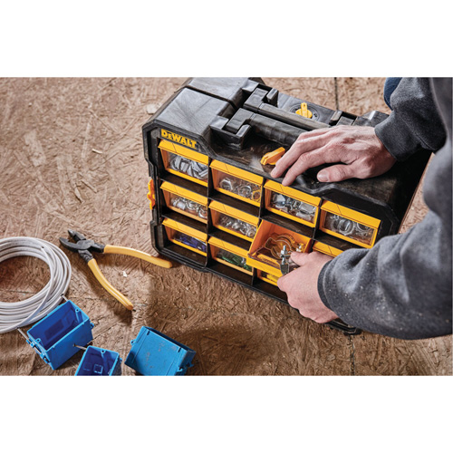 Flip-Bin Organizer, 3-7/8" W x 17-3/4" D x 13-7/8" H, Black/Yellow Helyx Safety & Industrial Supplies