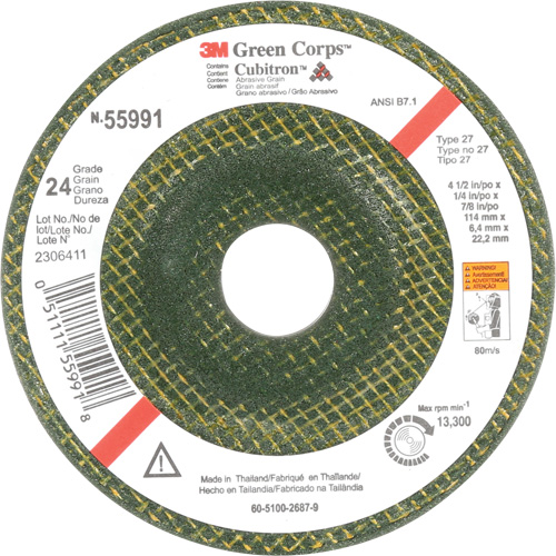 Meule &agrave; moyeu d&eacute;port&eacute; Green Corps, 4-1/2" x 1/4", Arbre 7/8", C&eacute;ramique, Type 27 Helyx Safety & Industrial Supplies