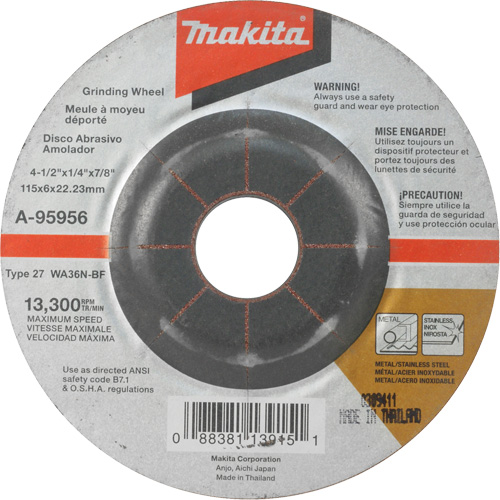INOX Grinding Wheel, 4-1/2" x 1/4", 7/8" Arbor, Aluminum Oxide, Type 27 Helyx Safety & Industrial Supplies
