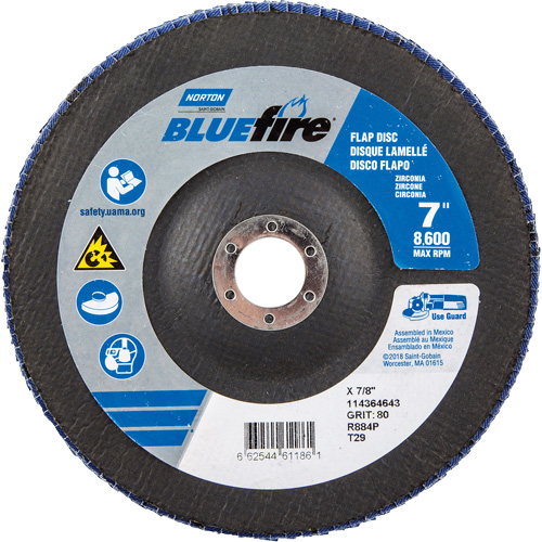 BlueFire R884P Coarse Grit Flap Disc, 7" x 7/8", Type 27, 80 Grit, Zirconia Alumina Helyx Safety & Industrial Supplies