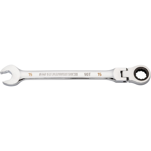 90-Tooth Flex Head Ratcheting Combination Wrench, 12 Point, 15 mm, Chrome Finish Helyx Safety & Industrial Supplies
