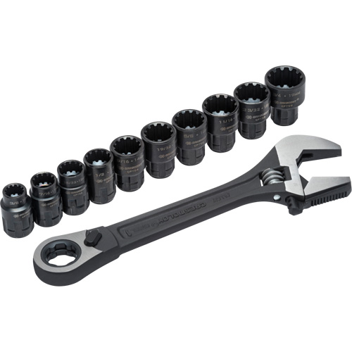 11-Piece Pass-Thru X6 Adjustable Wrench & Spline Socket Set, 13" L, 2-27/50" Max Width, Black Phosphate Helyx Safety & Industrial Supplies