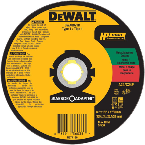 High Performance Cutting Wheel for Circular Saws, 14" x 1/8" Arbor, Aluminum Oxide Helyx Safety & Industrial Supplies
