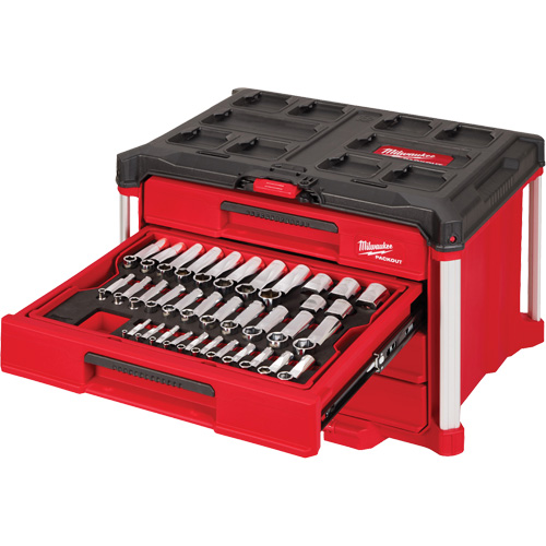242-Piece 1/4”, 3/8” & 1/2” Drive Metric & SAE Ratchet & Socket Set with PACKOUT 4-Drawer Tool Box, 16-3/10" x 22-1/5" x 14-3/10", Black/Red Helyx Safety & Industrial Supplies