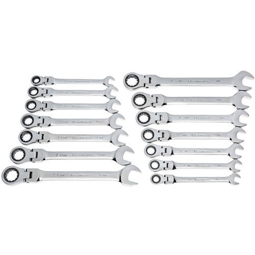 Jeu de cl&eacute;s &agrave; 12 pans et 72 dents, T&ecirc;te articul&eacute;e/Combinaison &agrave; cliquet, 14 morceaux, Imp&eacute;rial et m&eacute;trique Helyx Safety & Industrial Supplies