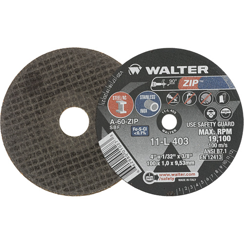 Zip Cut-Off Wheel, 4" x 1/32", 3/8" Arbor, Type 1, Aluminum Oxide, 19100 RPM Helyx Safety & Industrial Supplies