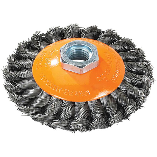 Knot-Twisted Saucer Cup Wire Wheel, 7" Dia., 0.02" Fill, 5/8"-11 Arbor, Steel Helyx Safety & Industrial Supplies