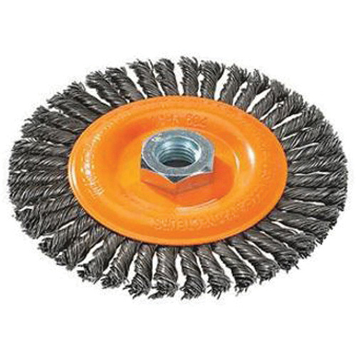 Brosse &agrave; fils nou&eacute;s pour cordons de soudure, Dia. 4", Fils 0,02", Arbre 5/8"-11, Acier Helyx Safety & Industrial Supplies