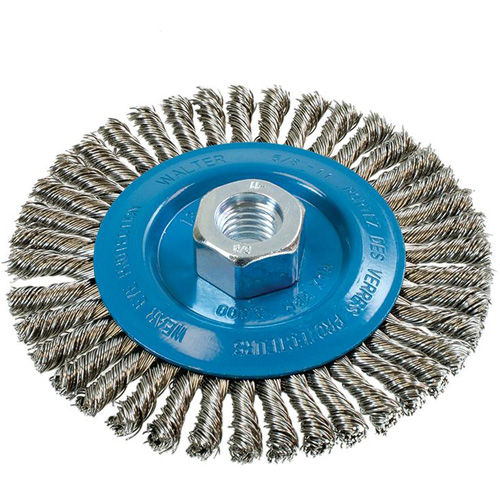 Brosse &agrave; fils &eacute;troits nou&eacute;s et torsad&eacute;s, Dia. 5", Fils 0,02", Arbre 5/8"-11, Aluminium/Acier inoxydable Helyx Safety & Industrial Supplies