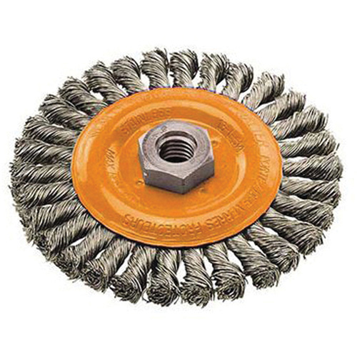 Brosse rotative &agrave; fils nou&eacute;s large, Dia. 4", Fils 0,02", Arbre 5/8"-11, Acier Helyx Safety & Industrial Supplies