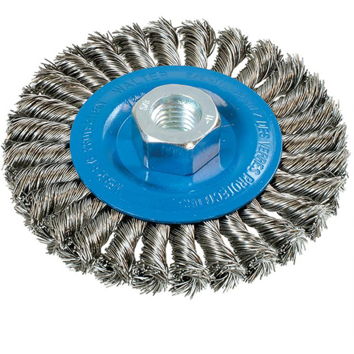 Brosse rotative &agrave; fils nou&eacute;s large, Dia. 4-1/2", Fils 0,02", Arbre 5/8"-11, Aluminium/Acier inoxydable Helyx Safety & Industrial Supplies