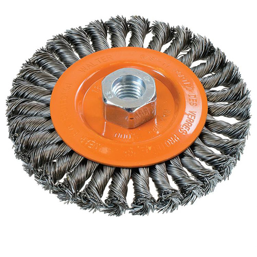 Brosse rotative &agrave; fils nou&eacute;s large, Dia. 5", Fils 0,02", Arbre 5/8"-11, Acier Helyx Safety & Industrial Supplies