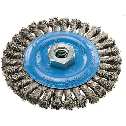 Wide Knotted Wire Wheel Brush, 5" Dia., 0.02" Fill, 5/8"-11 Arbor, Aluminum/Stainless Steel Helyx Safety & Industrial Supplies