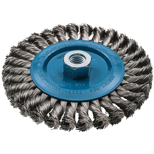 Brosse rotative &agrave; fils nou&eacute;s large, Dia. 6", Fils 0,02", Arbre 5/8"-11, Aluminium/Acier inoxydable Helyx Safety & Industrial Supplies