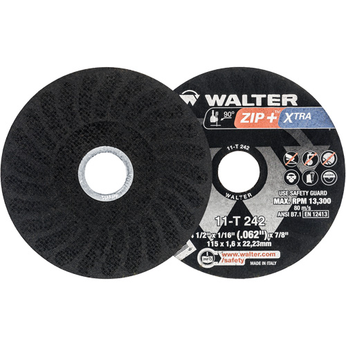 Meules &agrave; tronçonner renforc&eacute;es Zip+ pour meuleuse &agrave; angle droit, 4-1/2" x 1/16", Arbre de 7/8", Type 1, Alumine de zirconium, 13 300 Tr/min Helyx Safety & Industrial Supplies