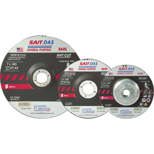 Disque de coupe Sait, 5" x 0,045", Arbre de 7/8", Type 27, Oxyde d'aluminium, 12 200 Tr/min Helyx Safety & Industrial Supplies
