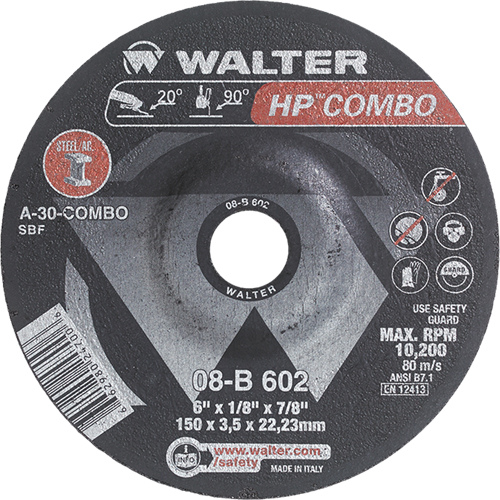 HP Combo Depressed Center Combination Wheel, 6" x 1/8", 7/8" Arbor, Type 27 Helyx Safety & Industrial Supplies