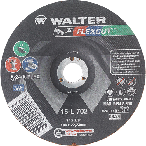 Meules &agrave; moyeu d&eacute;port&eacute; Flexcut, 7", 24 Grain, Oxyde d'aluminium, 7/8", 8600 Tr/min, Type 29 Helyx Safety & Industrial Supplies