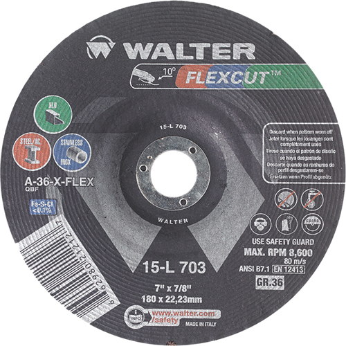Meules &agrave; moyeu d&eacute;port&eacute; Flexcut, 7", 36 Grain, Oxyde d'aluminium, 7/8", 8600 Tr/min, Type 29 Helyx Safety & Industrial Supplies
