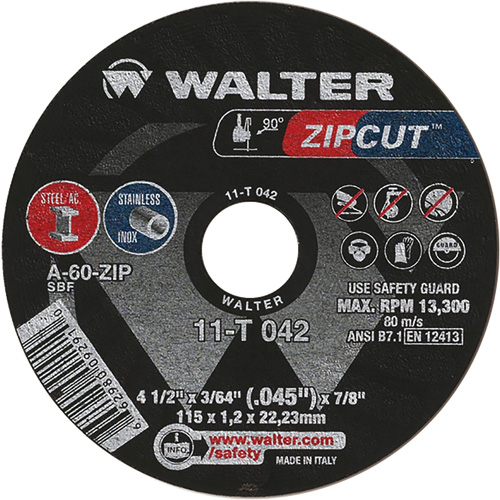 Meule &agrave; tronçonner Zipcut, 4-1/2" x 3/64", Arbre de 7/8", Type 1, Oxyde d'aluminium, 13 300 Tr/min Helyx Safety & Industrial Supplies