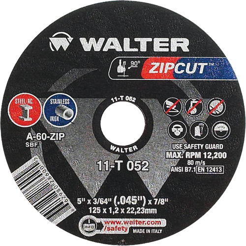 Meule &agrave; tronçonner Zipcut, 5" x 3/64", Arbre de 7/8", Type 1, Oxyde d'aluminium, 12 200 Tr/min Helyx Safety & Industrial Supplies