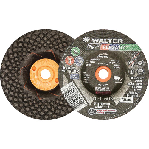 Meules &agrave; moyeu d&eacute;port&eacute; Flexcut, 5", 36 Grain, Oxyde d'aluminium, 5/8"-11, 12 200 Tr/min, Type 29 Helyx Safety & Industrial Supplies