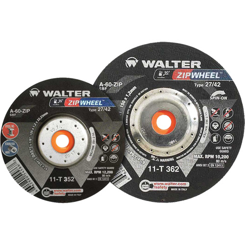 Spin-On Zipcut Right Angle Grinder Reinforced Cut-Off Wheels, 5" x 7/8", 5/8"-11 Arbor, Type 27, Aluminum Oxide, 12200 RPM Helyx Safety & Industrial Supplies