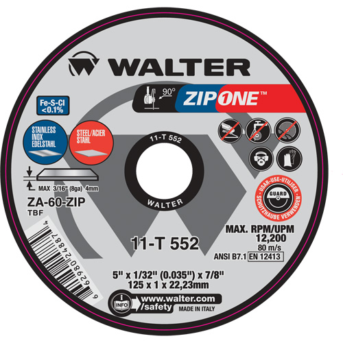 Zip One Cut-Off Wheel, 5" x 1/32", 7/8" Arbor, Type 1, Zirconia Alumina, 12200 RPM Helyx Safety & Industrial Supplies