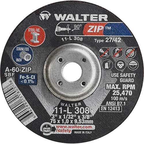 Disque de meulage et de tronçonnage Zip, 3" x 1/13", Arbre de 3/8", Type 27, Grain de 60, Oxyde d'aluminium Helyx Safety & Industrial Supplies