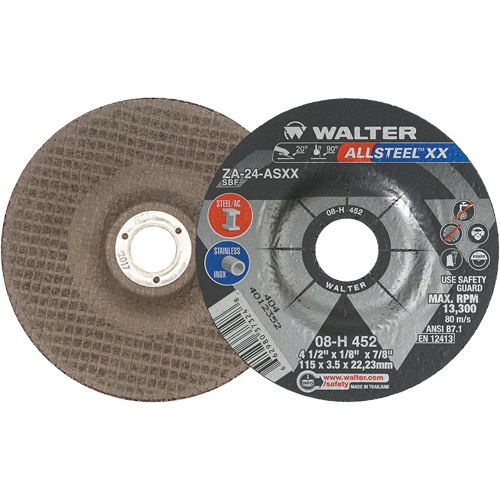 Meules &agrave; moyeu d&eacute;port&eacute; ALLSTEEL XX, 4-1/2" x 1/8", Arbre de 7/8", Type 27, Alumine de zirconium, 13 300 Tr/min Helyx Safety & Industrial Supplies