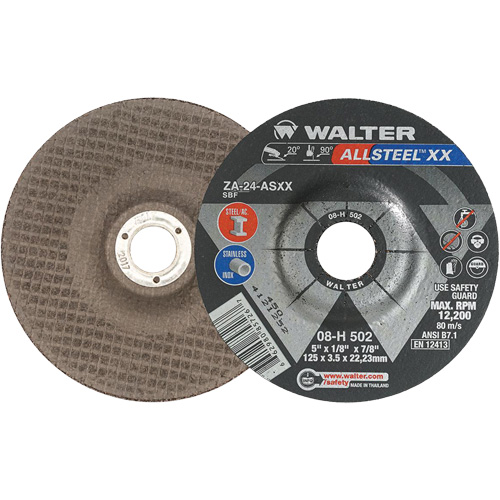 Meules &agrave; moyeu d&eacute;port&eacute; ALLSTEEL XX, 5" x 1/8", Arbre de 7/8", Type 27, Alumine de zirconium, 12 200 Tr/min Helyx Safety & Industrial Supplies
