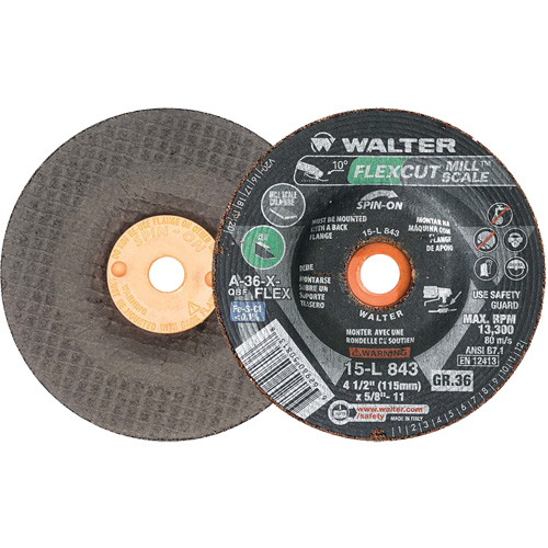Meule FLEXCUT MILL SCALE, 4-1/2", 36 Grain, Oxyde d'aluminium, 5/8"-11, 13 300 Tr/min, Type 29 Helyx Safety & Industrial Supplies