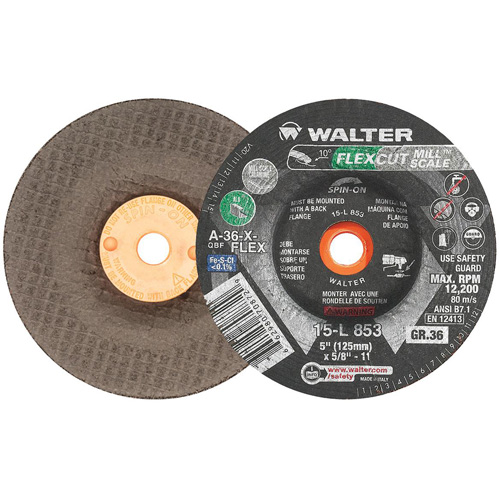 Meule FLEXCUT MILL SCALE, 5", 36 Grain, Oxyde d'aluminium, 5/8"-11, 12 200 Tr/min, Type 29 Helyx Safety & Industrial Supplies