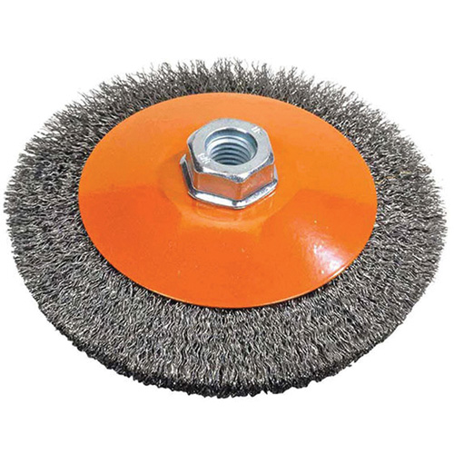 Saucer Crimped Wire Wheel, 4" Dia., 0.012" Fill, 5/8"-11 Arbor Helyx Safety & Industrial Supplies