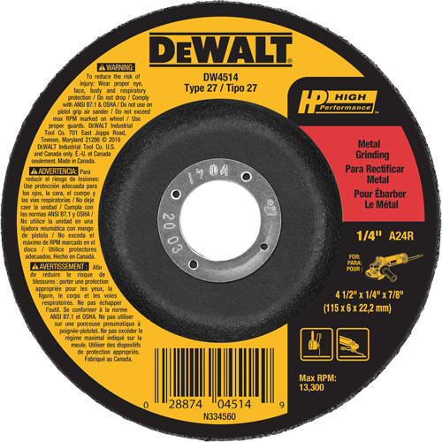 High Performance Metal Grinding Wheel, 4-1/2" x 1/4", 7/8" Arbor, Aluminum Oxide, Type 27 Helyx Safety & Industrial Supplies