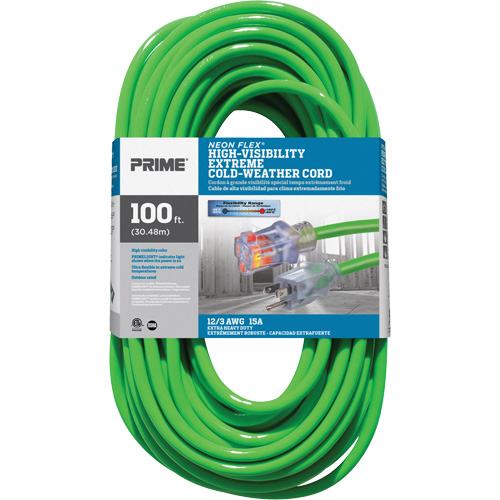 Cordon rallonge haute visibilit&eacute; Neon Flex, Ext&eacute;rieur, SJTW, AWG 12/3, 15 A, 100' Helyx Safety & Industrial Supplies