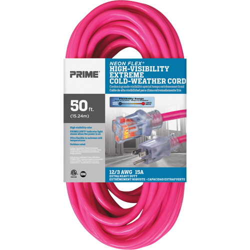 Cordon rallonge haute visibilit&eacute; Neon Flex, Ext&eacute;rieur, SJTW, AWG 12/3, 15 A, 50' Helyx Safety & Industrial Supplies