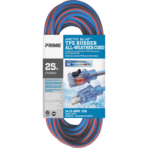 Cordon rallonge Arctic Blue, Toutes saisons, SJEOW, AWG 14/3, 15 A, 25' Helyx Safety & Industrial Supplies