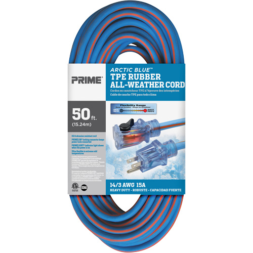 Arctic Blue Extension Cord, All-Weather, SJEOW, 14/3 AWG, 15 A, 50' Helyx Safety & Industrial Supplies