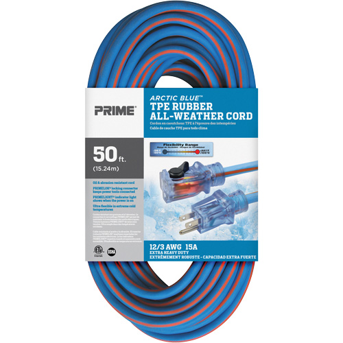 Arctic Blue TPE-Rubber Locking Extension Cord, All-Weather, SJEOW, 12/3 AWG, 15 A, 50' Helyx Safety & Industrial Supplies