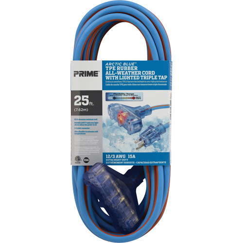Arctic Blue TPE-Rubber Extension Cord, All-Weather, SJEOW, 12/3 AWG, 15 A, 3 Outlet(s), 25' Helyx Safety & Industrial Supplies