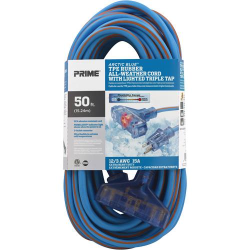 Arctic Blue TPE-Rubber Extension Cord, All-Weather, SJEOW, 12/3 AWG, 15 A, 3 Outlet(s), 50' Helyx Safety & Industrial Supplies
